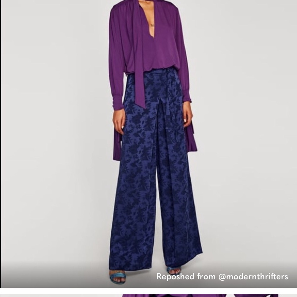 Zara blue jacquard wide leg high waisted pants size small